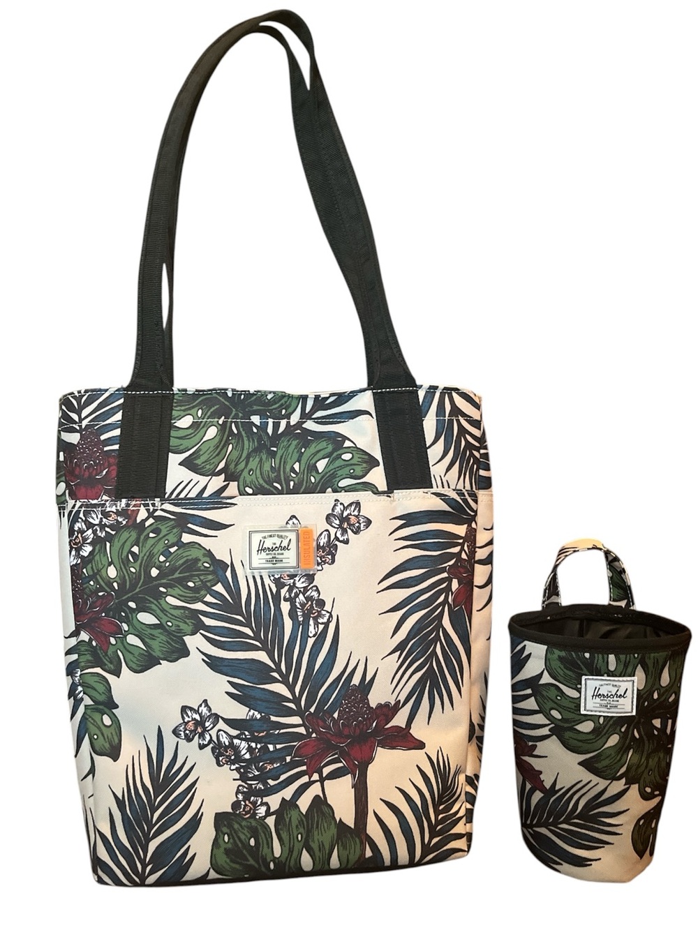 Herschel insulated Tropical Leaf Canvas Tote Bag & Drink holder
